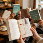 Hands holding an open book with a red handwritten calligraphy bookmark featuring character He, surrounded by friends reading together.