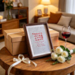 Wooden framed blessing calligraphy artwork leaning on a gift box on a living room table with white roses and wine.