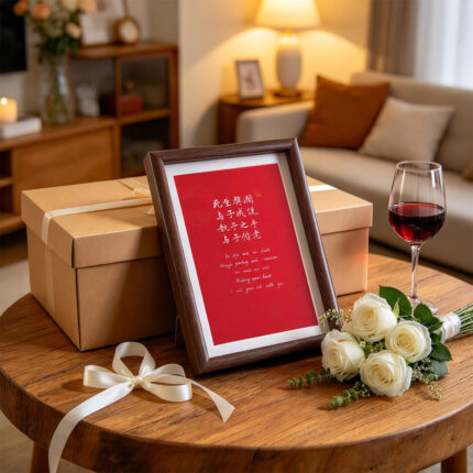 Framed red wedding vow calligraphy print on a wooden coffee table with a ribboned gift box, white roses, and a wine glass.