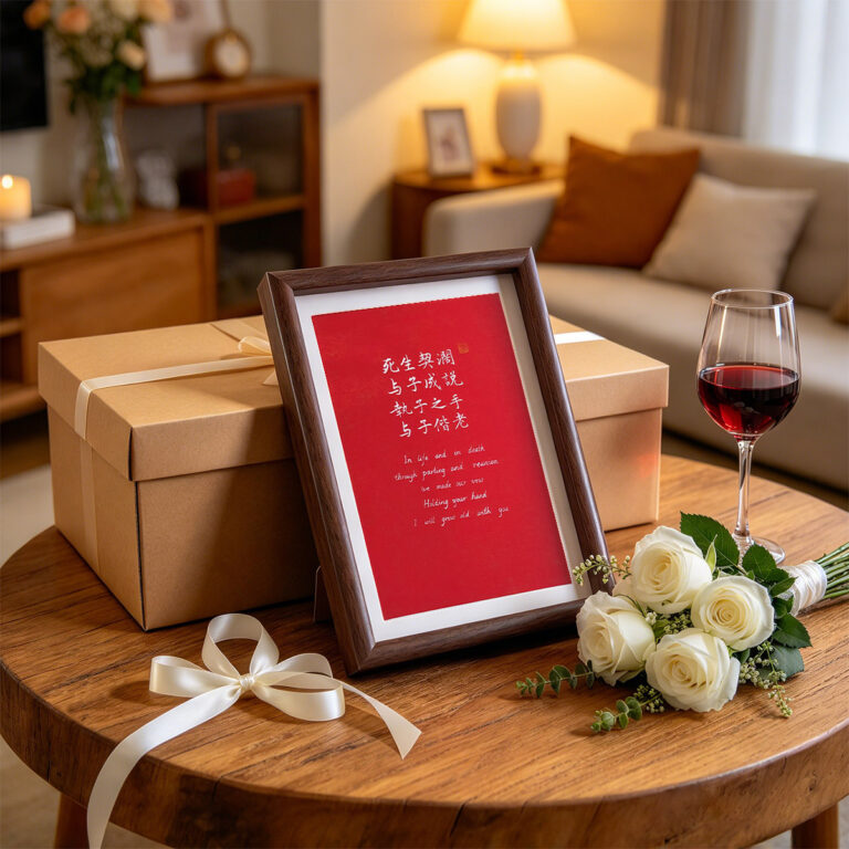 Framed red wedding vow calligraphy print on a wooden coffee table with a ribboned gift box, white roses, and a wine glass.