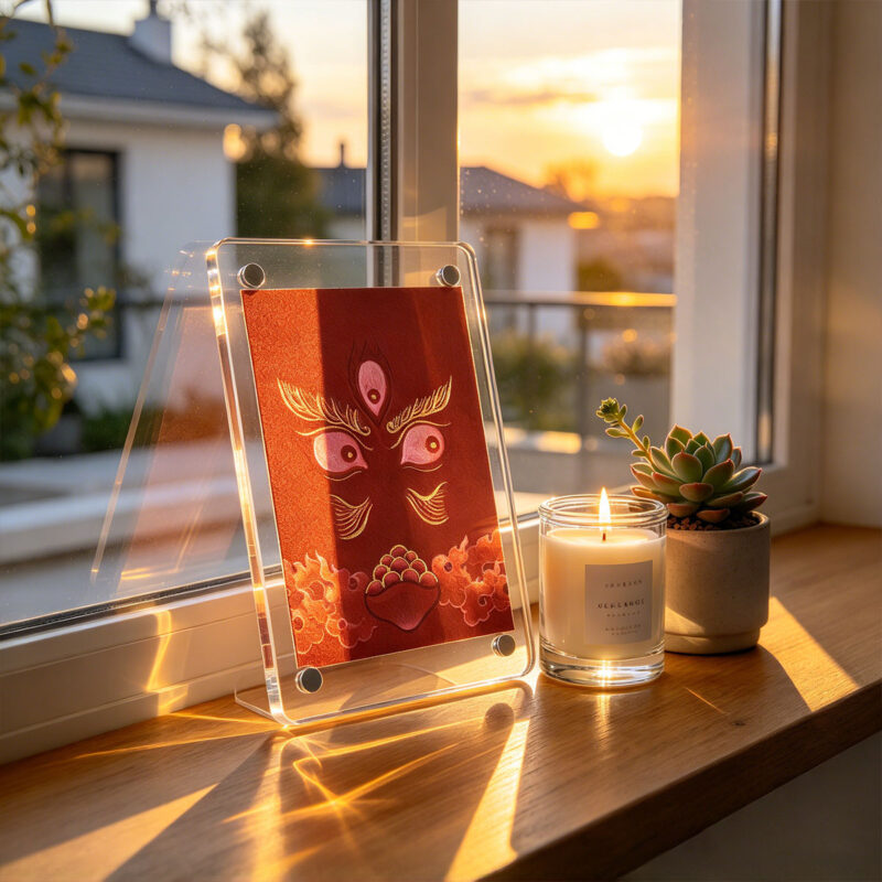 A red Buddha Eyes acrylic art block standing on a wooden window sill beside a candle during golden hour sunset.