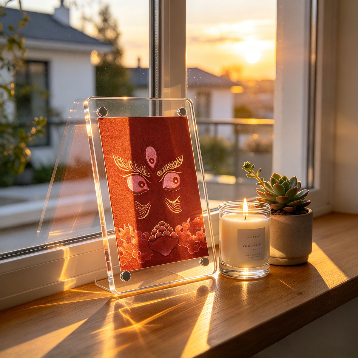 sacred-red-buddha-eyes-acrylic-decor-sunset-window A red Buddha Eyes acrylic art block standing on a wooden window sill beside a candle during golden hour sunset.