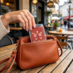 A hand placing a sacred red Buddha Eyes acrylic pocket card into a leather purse at an outdoor cafe.