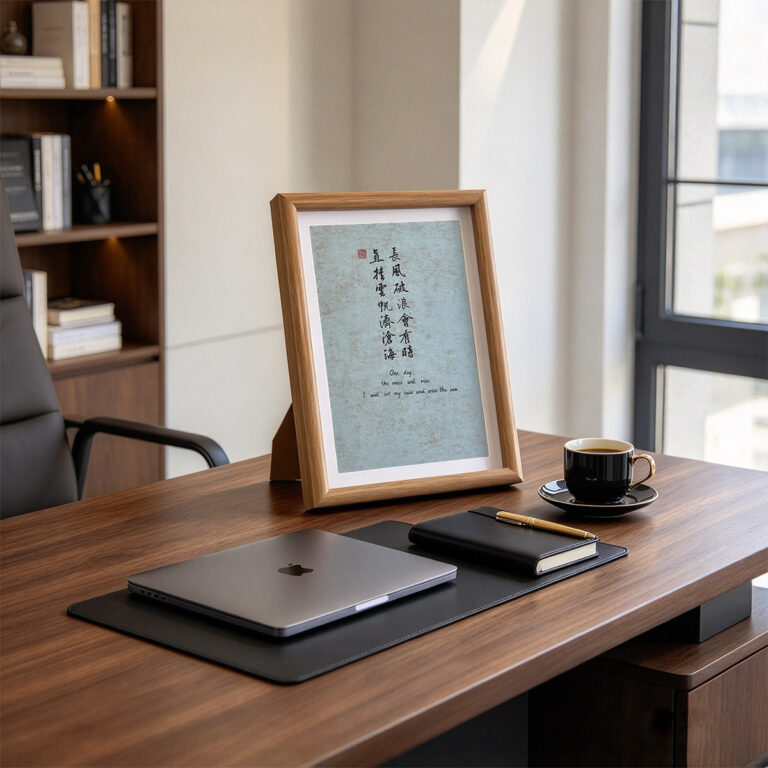 Light oak framed sage green Chinese calligraphy art print sitting on a wooden executive desk with laptop and coffee cup.