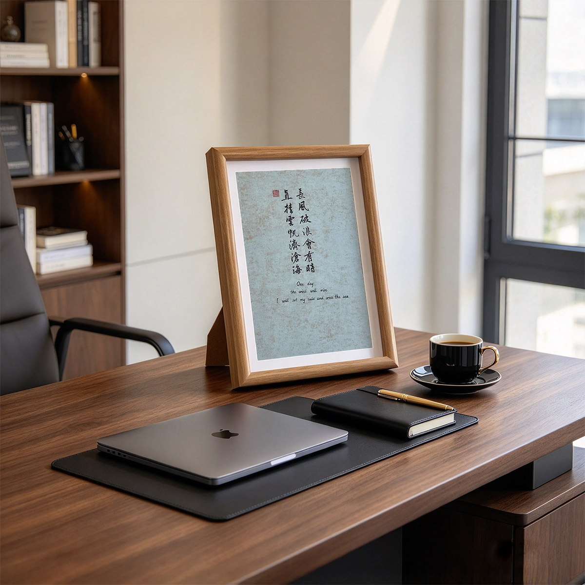 sage-green-calligraphy-print-workspace Light oak framed sage green Chinese calligraphy art print sitting on a wooden executive desk with laptop and coffee cup.