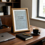 Sage green framed calligraphy print on a dark wooden study desk beside a laptop, journal, and coffee cup.