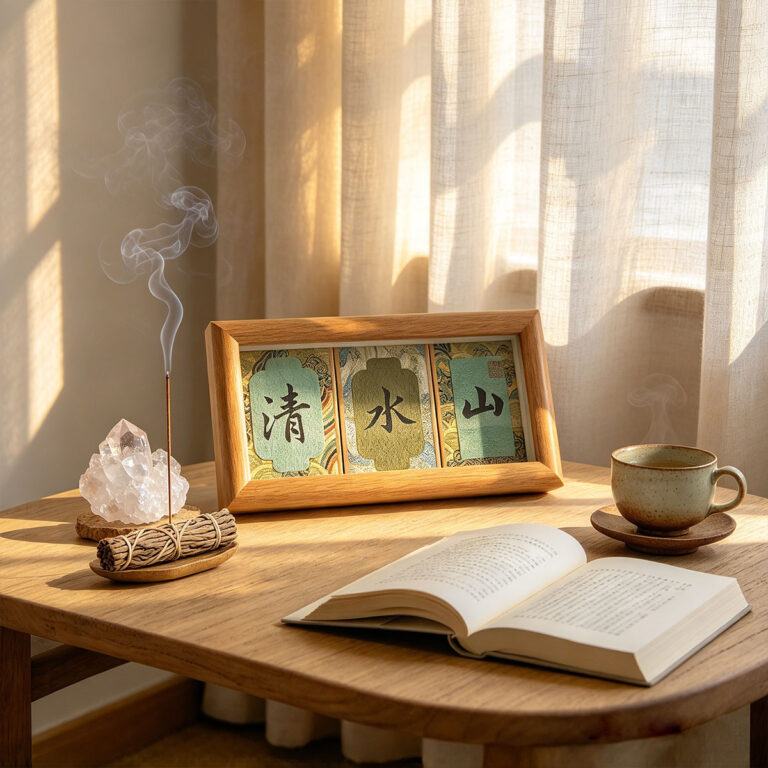 Green Song Brocade calligraphy display Shanshui Qing on a wooden tea desk with smoking incense and afternoon sunlight.