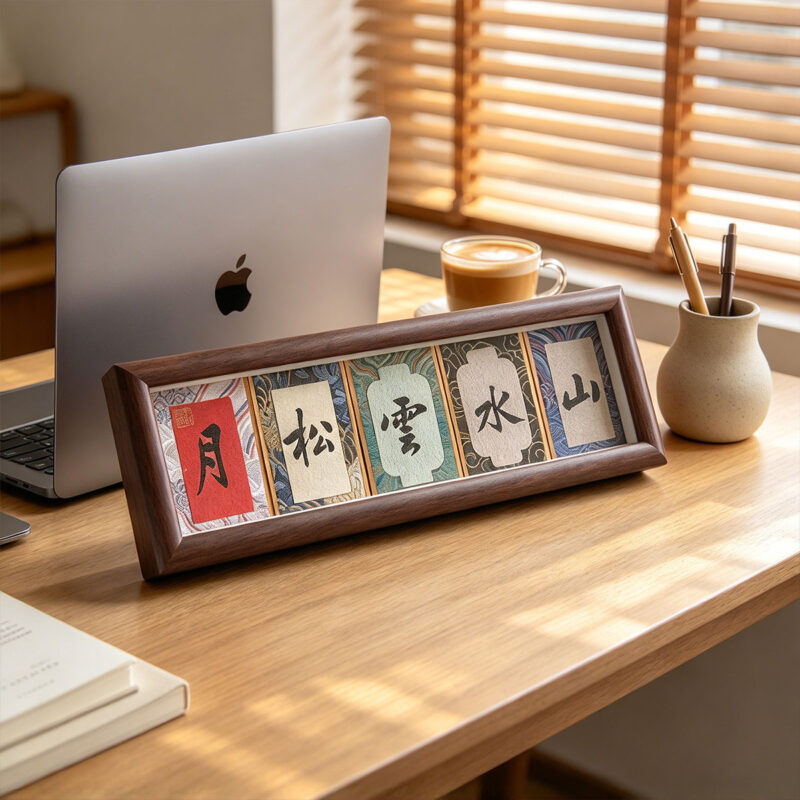 Dark wood framed Song Brocade calligraphy display on a wooden study desk beside a laptop, coffee cup, and blinds shadow.