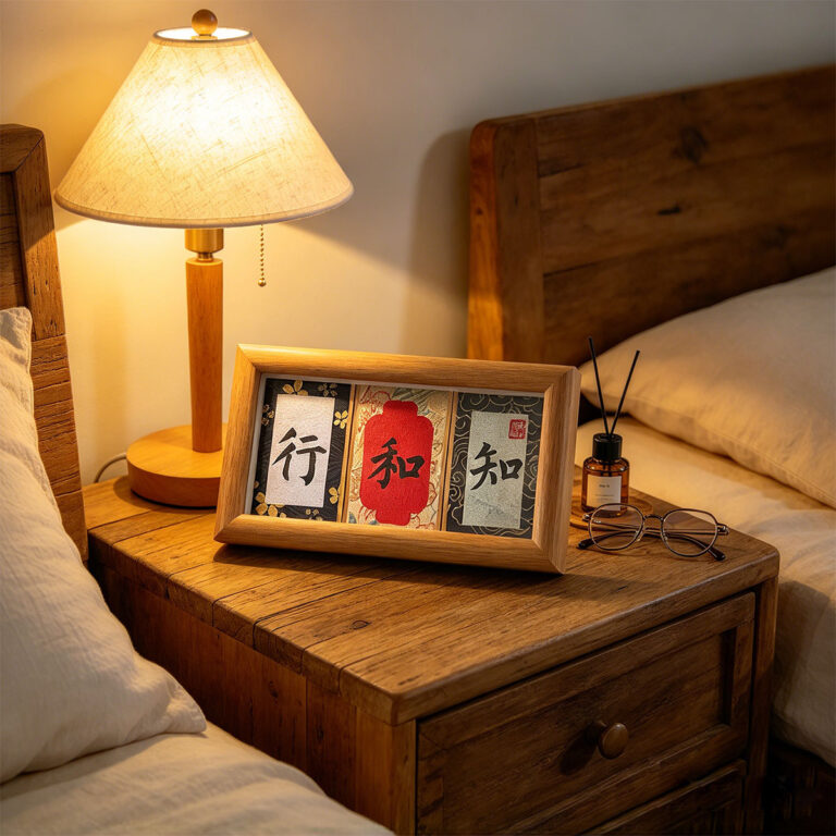 Handwritten Chinese calligraphy Song Brocade desk display reading Zhi Xing set on a warm wooden bedside nightstand beside a reading lamp.