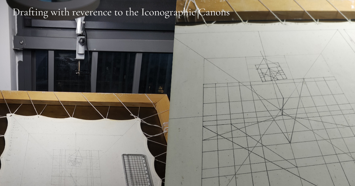 Artist drafting a traditional Thangka layout with geometric grids following iconographic canons.