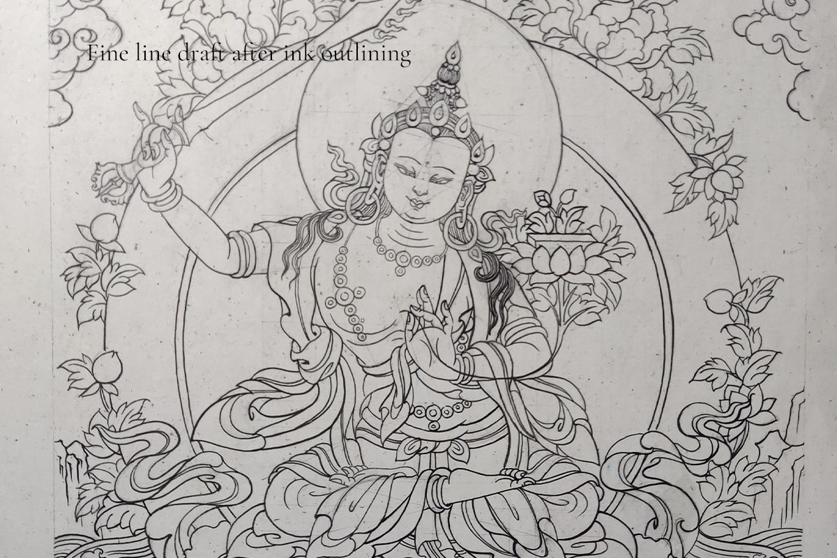 Detailed fine line ink outline draft of a Buddhist deity before coloring.
