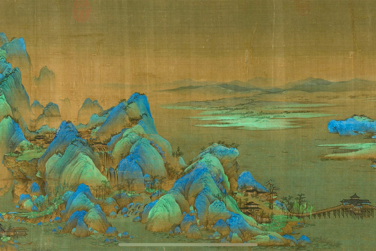 Classic Eastern green and blue landscape painting rendered in traditional natural mineral pigments.