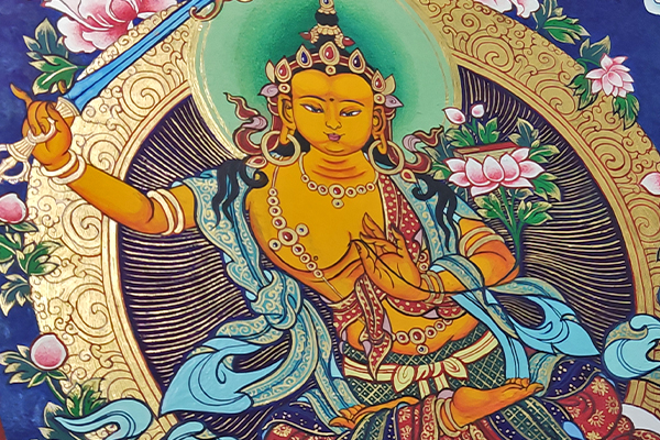 Traditional hand-painted Thangka mural detail by artist Niohe for Golden Ink Arts