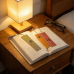 Three colorful calligraphy bookmarks spread across an open book on a wooden nightstand under a glowing bedside lamp.