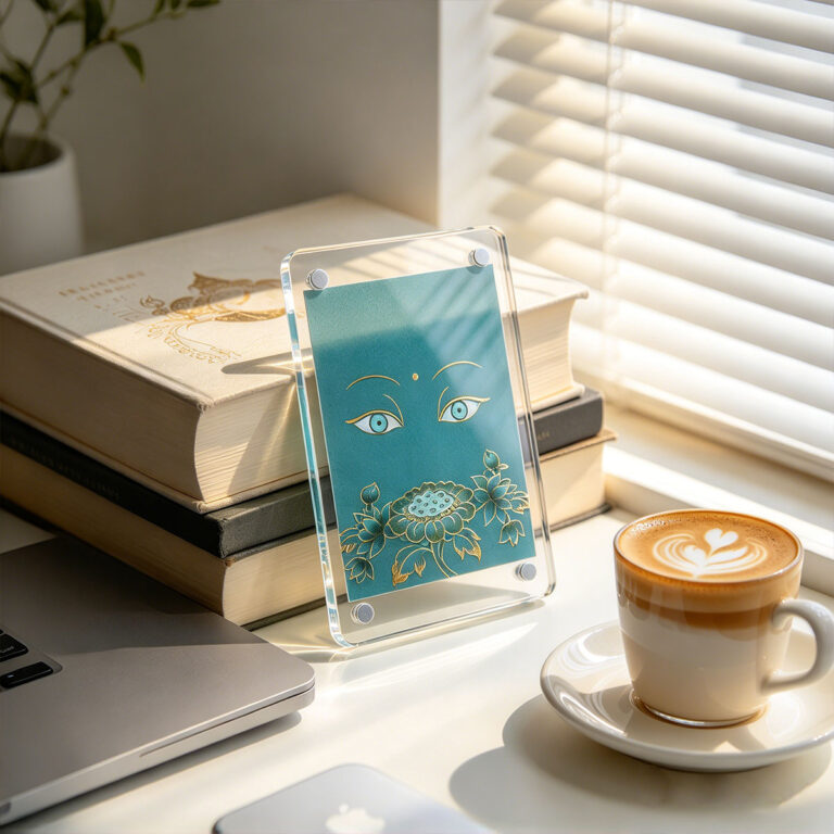 A Green Buddha Eyes acrylic card leaning against books beside a cappuccino cup on a wooden desk by a window.