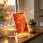 A orange Buddha Eyes acrylic art block capturing bright sunlight flare on a wooden window sill near a candle.