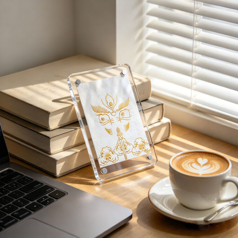 A white Buddha Eyes acrylic art card leaning on books beside a cup of latte coffee on a wooden desk.