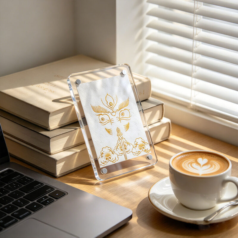A white Buddha Eyes acrylic art card leaning on books beside a cup of latte coffee on a wooden desk.