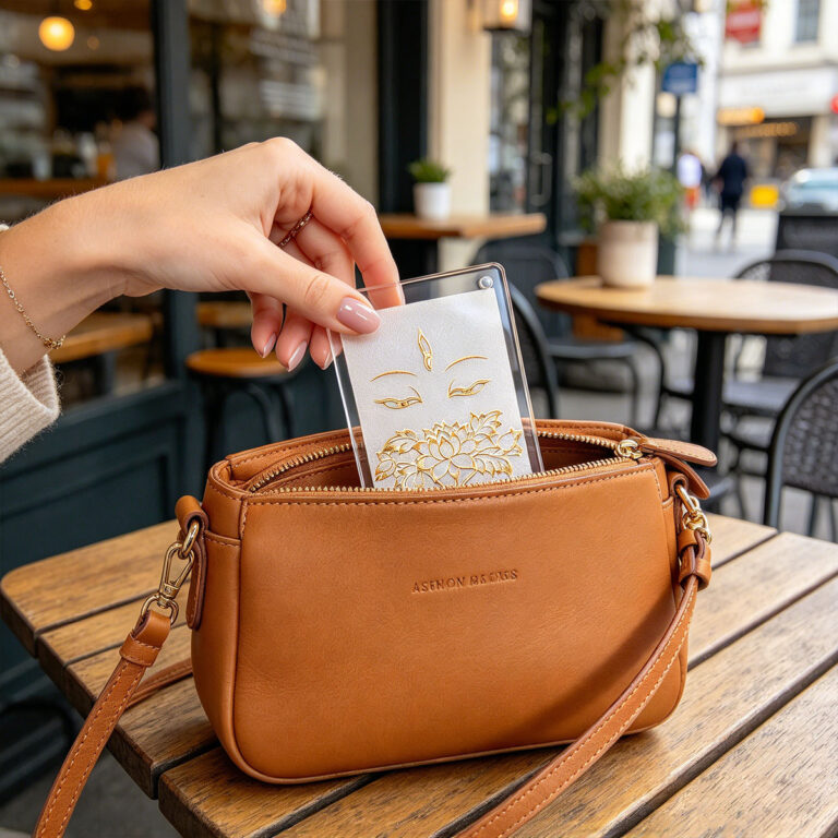 A hand storing a white and gold Buddha Eyes acrylic card into a brown leather crossbody bag at an outdoor cafe.