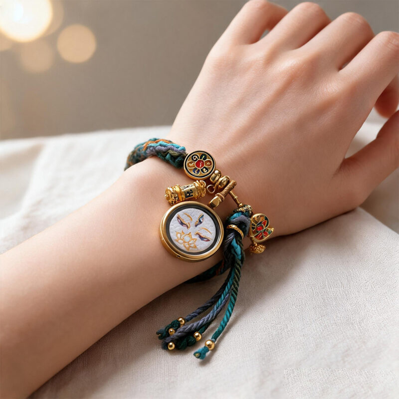 Handmade white Tara Buddha Eye pendant charm bracelet worn on wrist with woven cord detail.