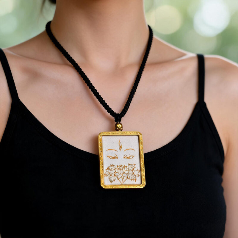 Minimalist white Ghau pendant with White Tara Buddha eye fine lines