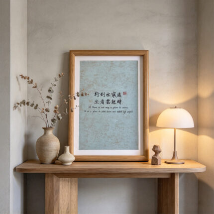 Framed sage green Zen poetic calligraphy print on a wooden console table flanked by dried eucalyptus and a soft table lamp.
