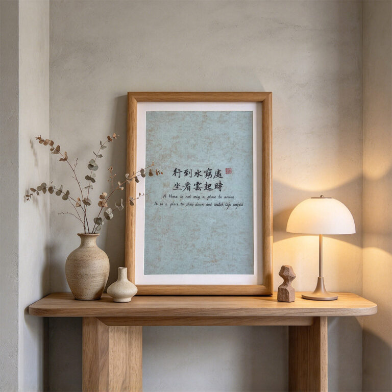 Framed sage green Zen poetic calligraphy print on a wooden console table flanked by dried eucalyptus and a soft table lamp.