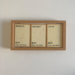 Rear view of 3 handwritten calligraphy panels with English labels for Zhi, He, and Xing